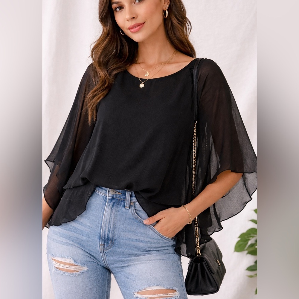 BKE Boutique Black Sheer Blouse XS Flowy Boho Batwing Cape Top Layered